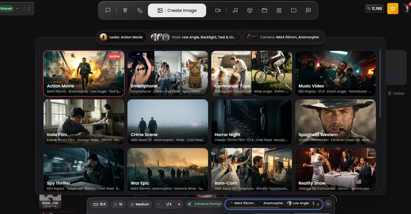 Cinema Controls في Kolbo.AI - شبكة إعدادات Looks المسبقة تُظهر 12 إعداداً سينمائياً بنقرة واحدة