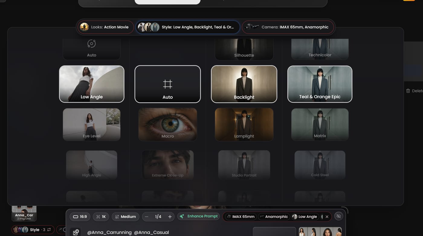 Cinema Controls - شبكة Style تُظهر خيارات Shot Angle وLighting وColor Grade