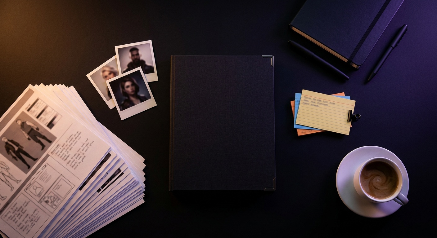 A creative project desk flat-lay: character reference sheets, polaroid portraits, a project folder, and a coffee cup, arranged on a dark surface with warm amber and violet lighting