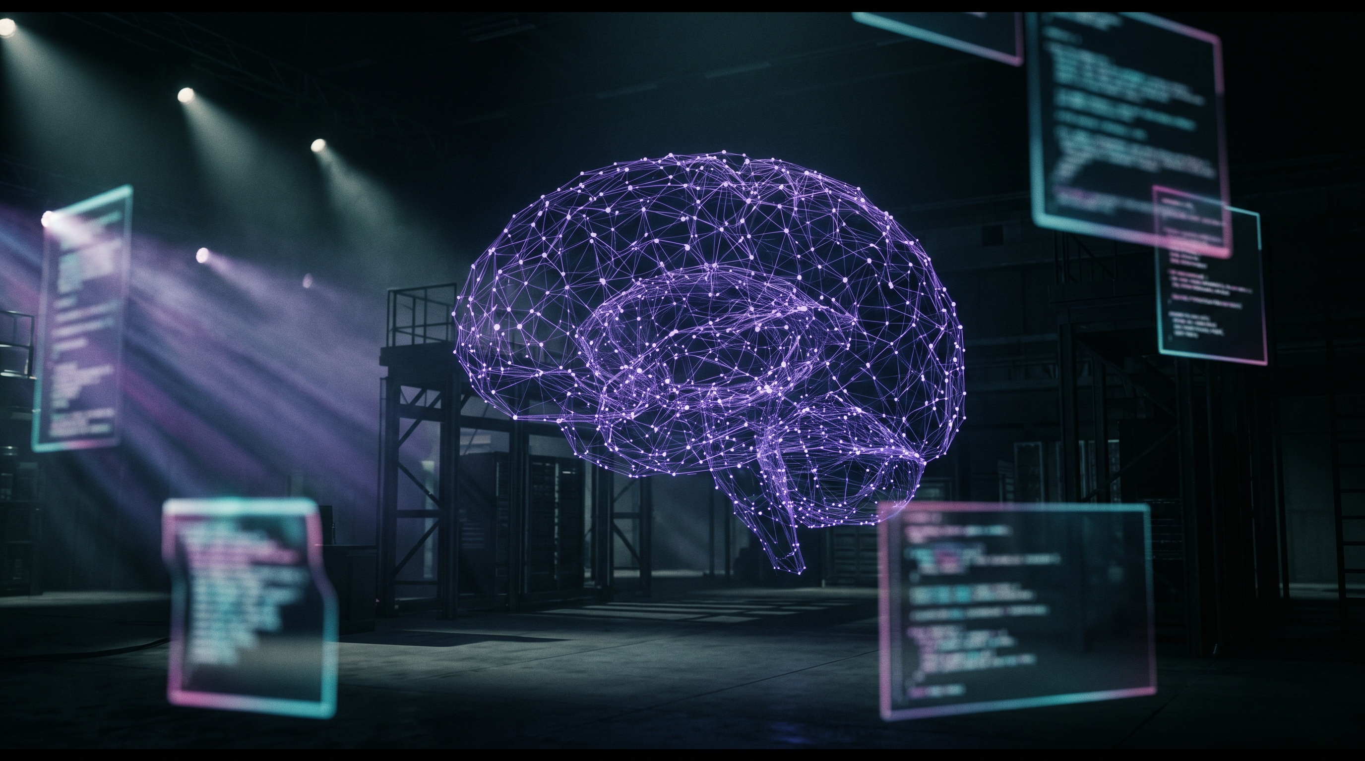 Glowing neural mesh visualization in deep purple-violet light representing Claude Sonnet 5 advanced reasoning