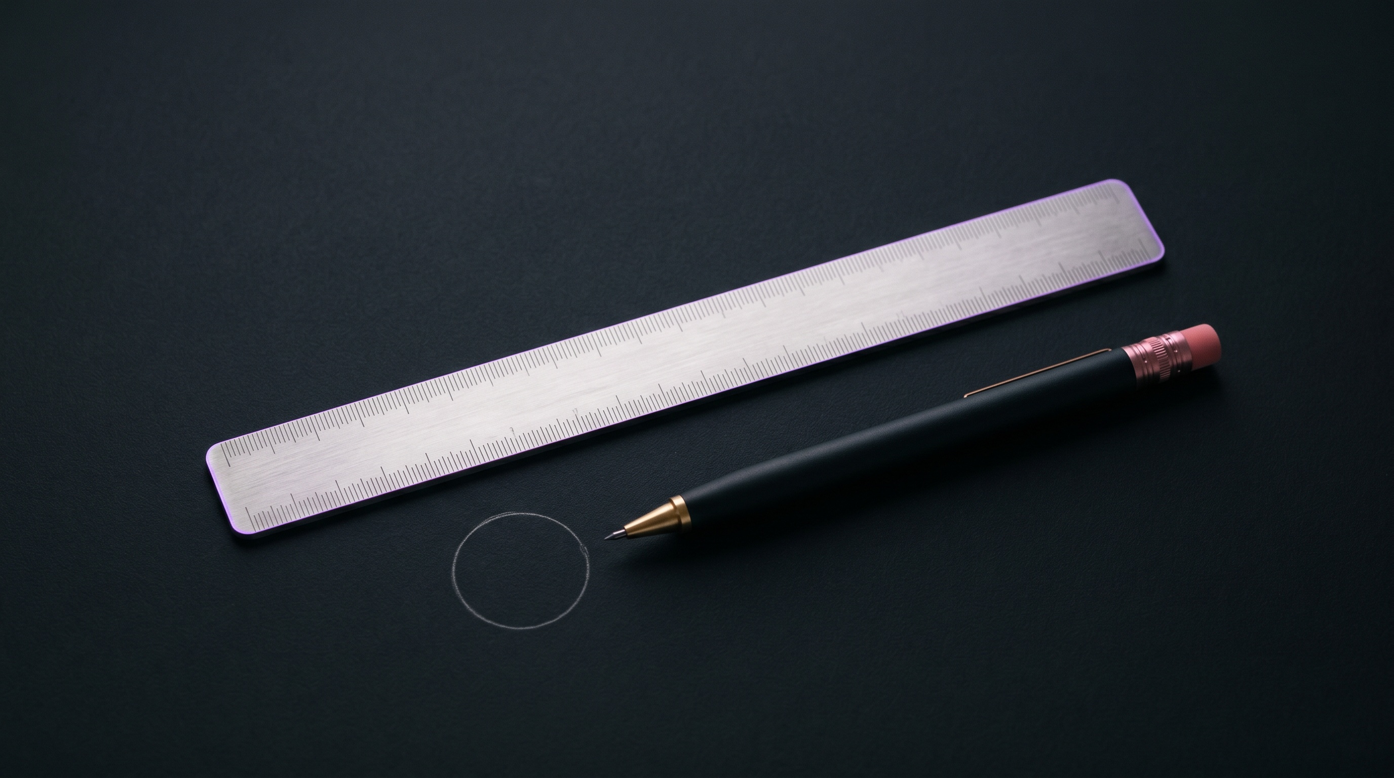 A precision ruler and pencil on a matte black surface, representing refinement and polish