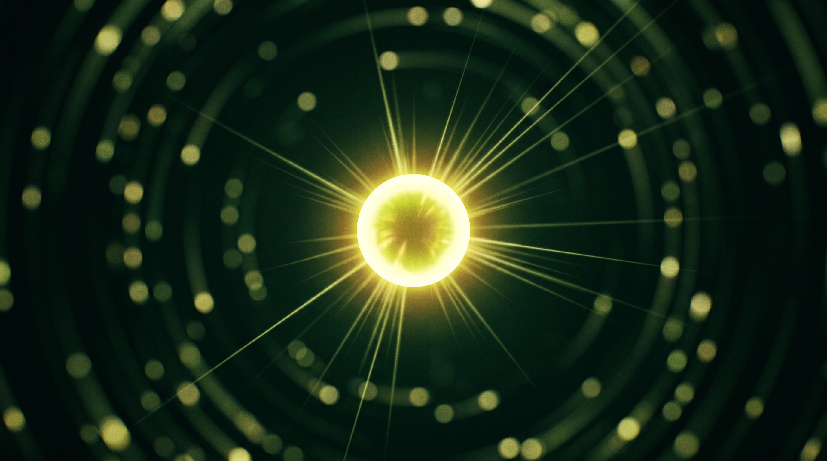 Golden-lime orb bursting with light rays against deep black background representing Nano Banana Lite's instant generation speed