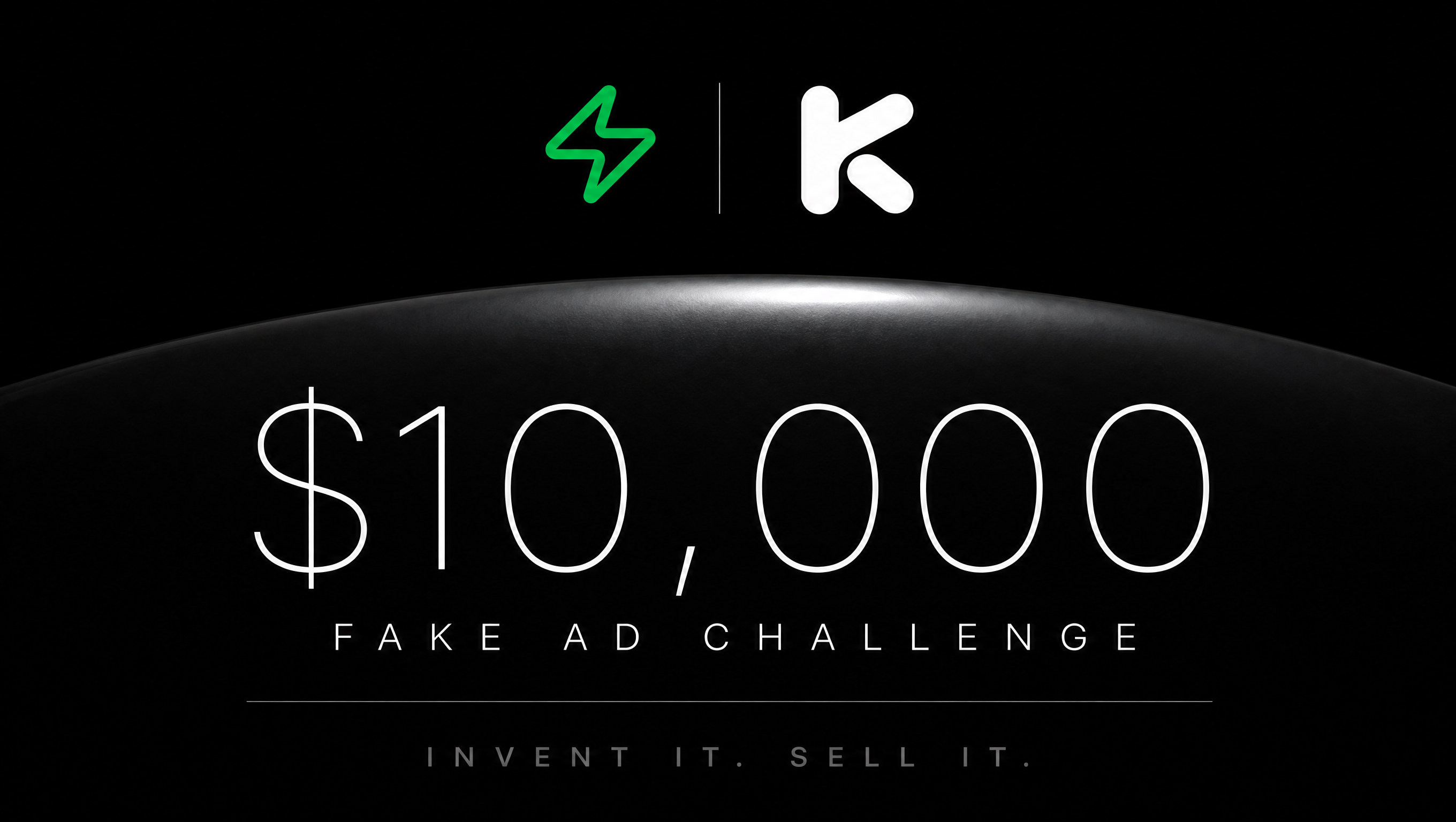 Fake Ad Challenge title card reading 'Advertise something that doesn't exist' with the Kolbo.AI and AdArena lockup