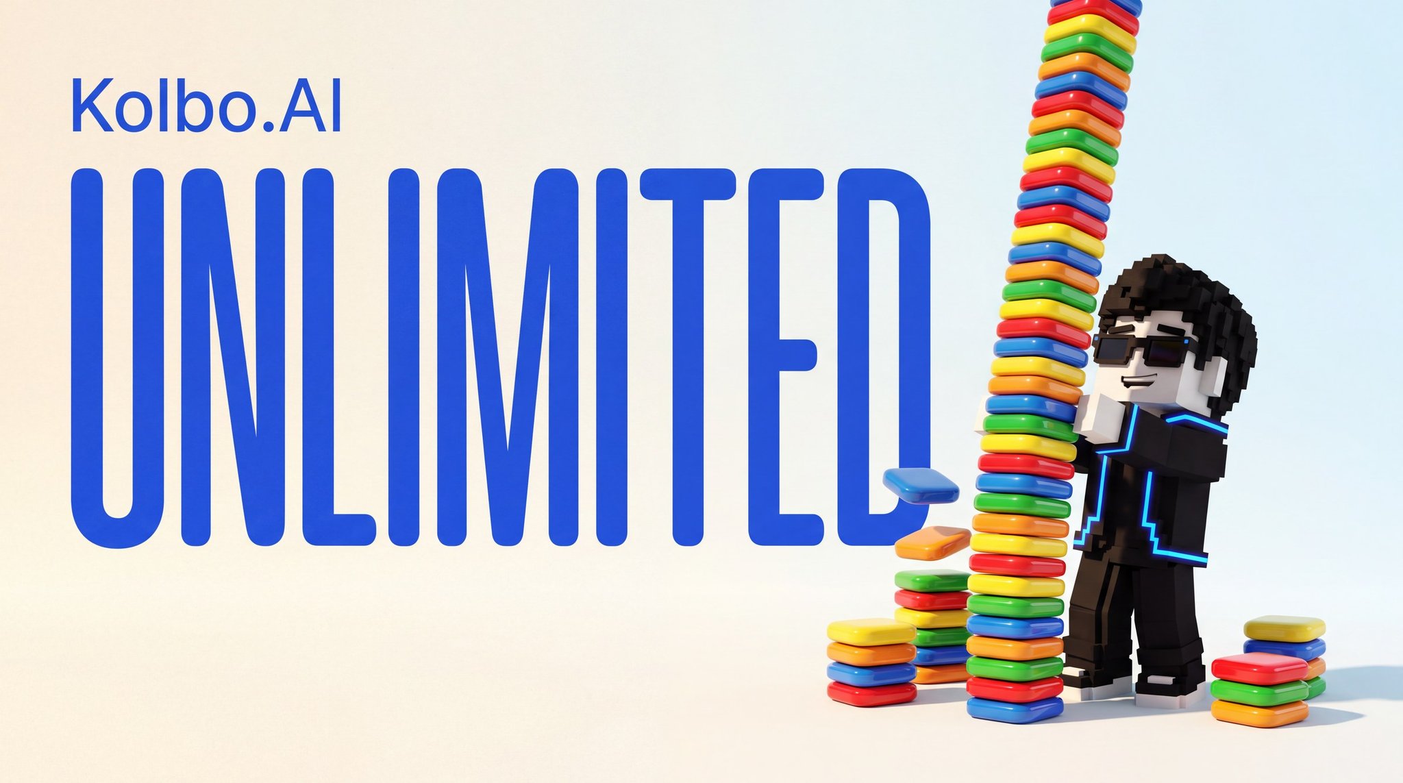 Kolbo.AI Unlimited lockup beside Kobi stacking a tower of colourful model tiles